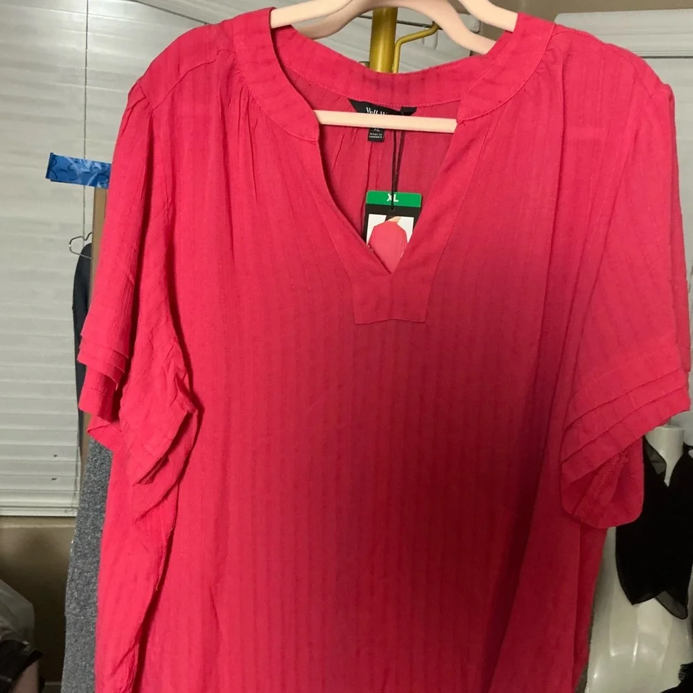 Well Worn Split Neck Short Sleeve Blouse - XL - Raspberry Coral - Picture 3 of 4